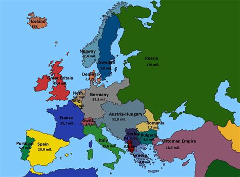 Map of Europe 1914 showing showing countries population (without ...