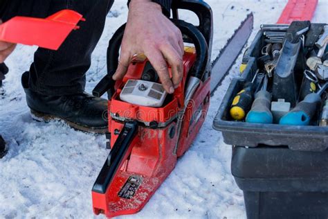 Repair and Maintenance of Chainsaws Stock Image - Image of closeup ...