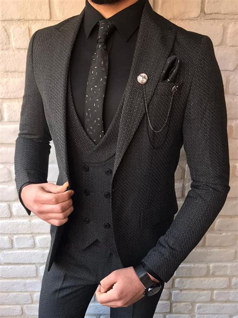 Fremont Black Slim Fit Patterned Suit - Bespoke Daily