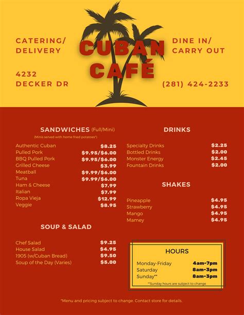 Menu at Cuban Cafe, Baytown