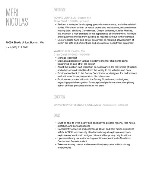 Crew Chief Resume Samples | Velvet Jobs