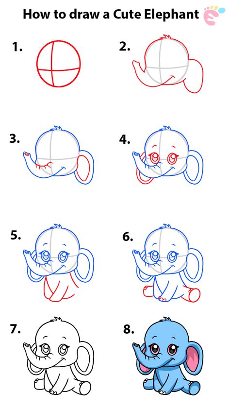 How To Draw An Elephant Step By Step Kawaii Drawings Drawing Lessons ...