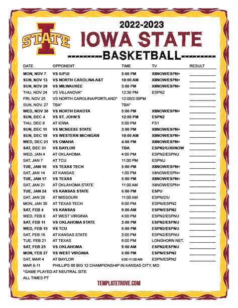 Printable 2022-2023 Iowa State Cyclones Basketball Schedule