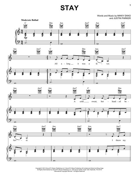 Stay by Rihanna Sheet Music for Piano, Vocal & Guitar Chords (Right ...