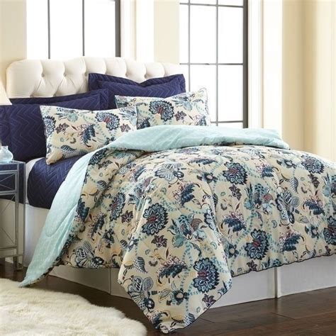 Queen King Bed Aqua Navy Blue Ivory Floral 6 pc Comforter Coverlet Set ...