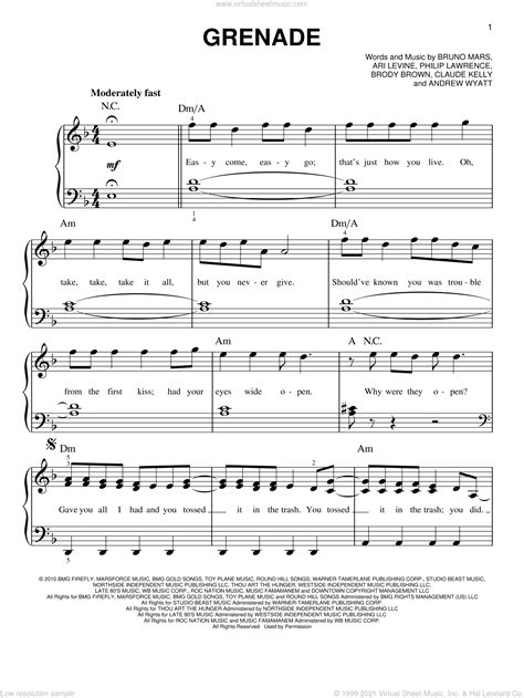 Mars - Grenade sheet music (easy) for piano solo [PDF]