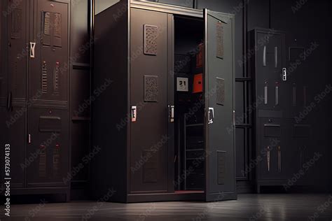 Black lockers in college. Line of black school gym lockers. High ...