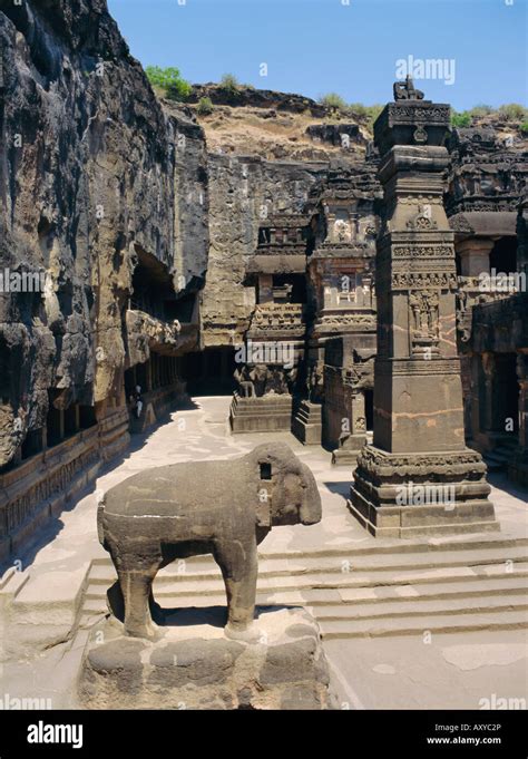 Massive elephant and column in NW of courtyard, Kailasa temple, Ellora ...