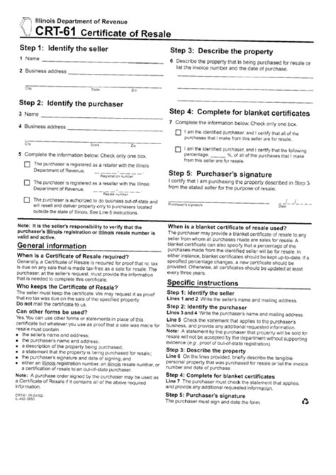 Form Crt-61 - Certificate Of Resale - Illinois printable pdf download