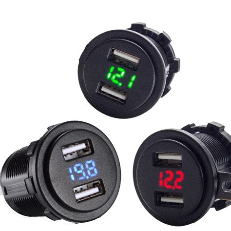 4.2A Dual Port USB Charger with Voltmeter 12 24V BLUE RED GREEN LED ...