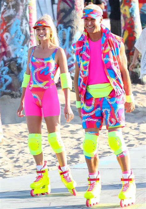 Margot Robbie, Ryan Gosling Rollerblade in Neon on Barbie Movie Set