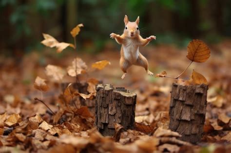 Premium AI Image | Squirrel jumping over neat piles of leaves