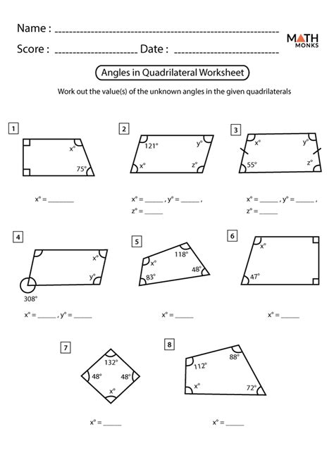 Angles in Quadrilaterals Worksheets - Math Monks