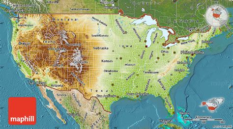 Physical Map of United States, satellite outside