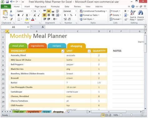 Meal Planning Excel Template