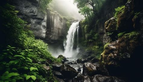 Free Photo | Tranquil scene of majestic waterfall in forest generated by AI