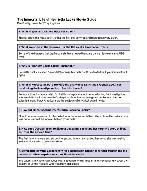 SOLUTION: Khanh ly henrietta lacks movie questions - Studypool