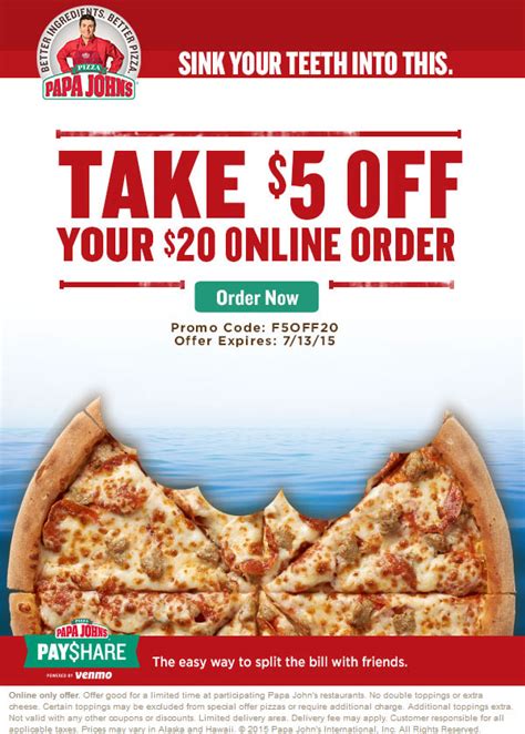 Papa Johns Coupons - $5 off $20 today at Papa Johns pizza via promo ...