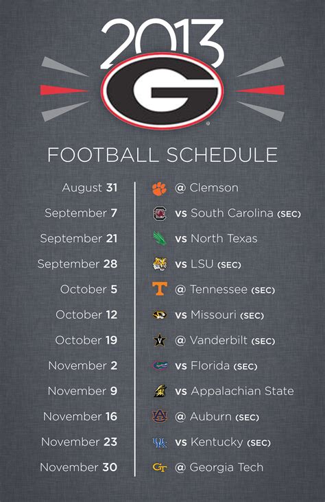 UGA 2013 Football Schedule #GoDawgs #Georgia #GetAroundGA | Uga ...