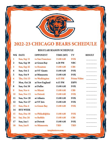 Printable 2022-2023 Chicago Bears Schedule