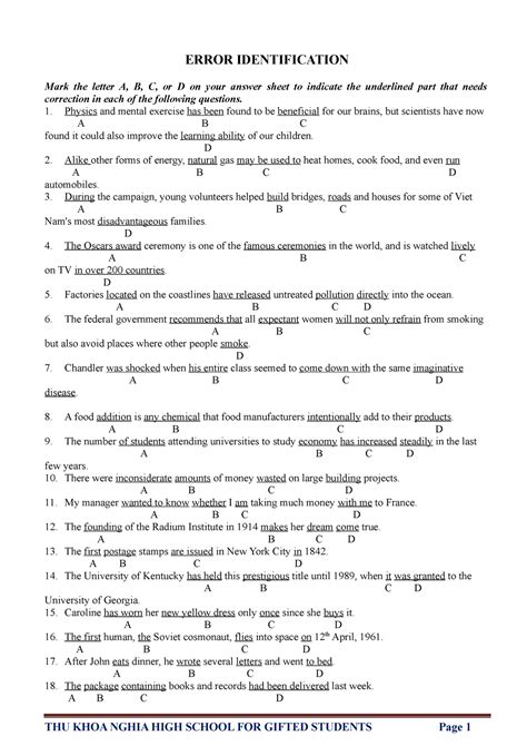 Error Identification - Exercises - ERROR IDENTIFICATION Mark the letter ...