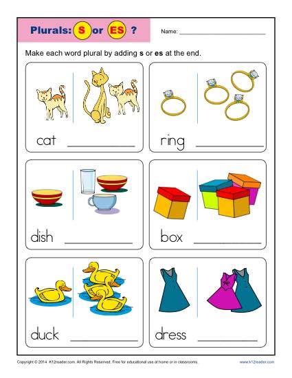 Kindergarten Plural Noun Worksheets - S or ES