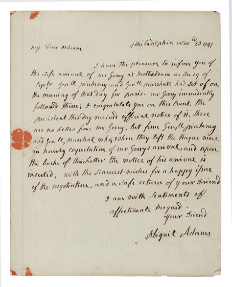 ABIGAIL ADAMS | A letter by Abigail Adams to Mrs. Elbridge Gerry ...