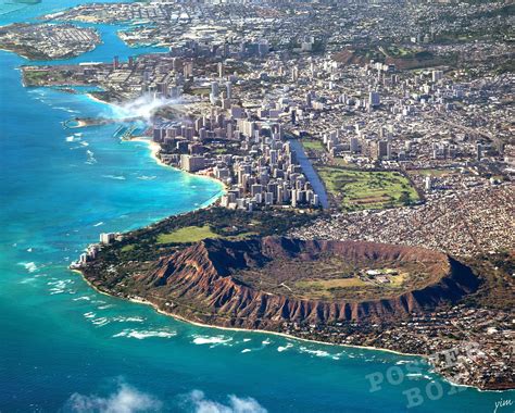 Waikiki Skyline Diamond Head Honolulu Hawaii Aerial Poster Art Print ...