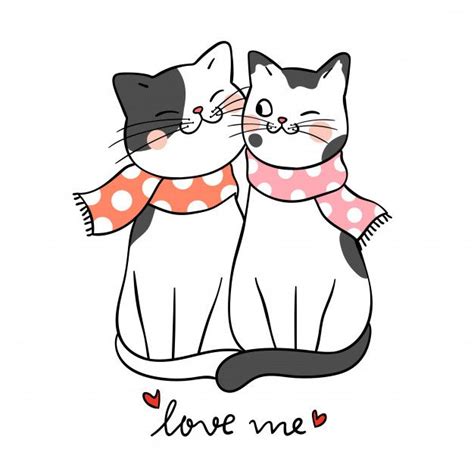 Premium Vector | Draw couple love of cat with word love me | Vector ...