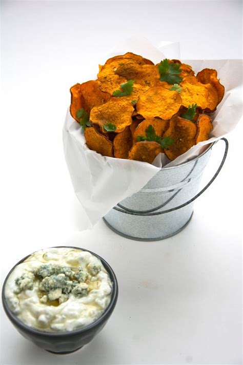 Chili Spiced Healthy Sweet Potato Chips with Greek Yogurt Blue Cheese Dip