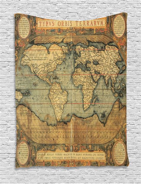 World Map Tapestry, Ancient Old Chart Vintage Reproduction of 16th ...