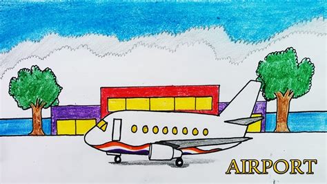 Airport drawing with colour| How to draw airport with aeroplane ...