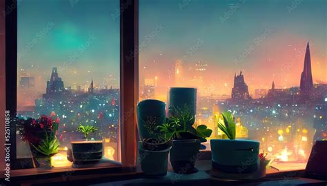 Window view of a city at night. Lofi, anime, manga style. Desk to study ...