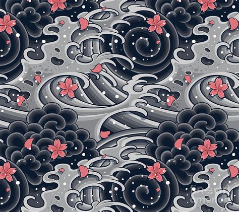 Japanese Red Flower Waves Pattern Digital Art by Noirty Designs - Pixels