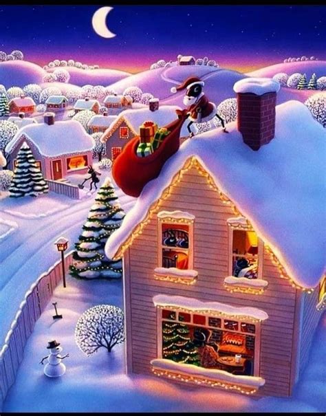 a christmas scene with santa claus on his sleigh in front of a house