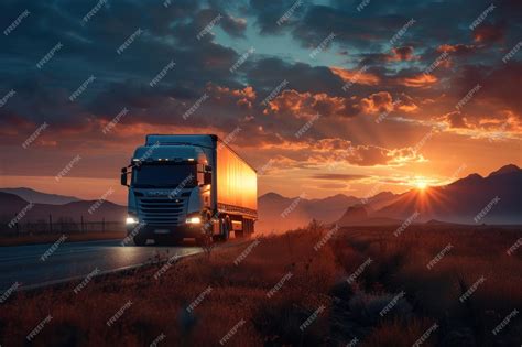 Premium AI Image | Semi Truck Driving Down Road at Sunset