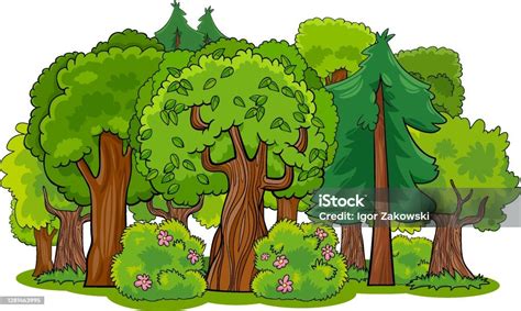 Hutan Campuran Dengan Ilustrasi Kartun Pohon Ilustrasi Stok - Unduh ...