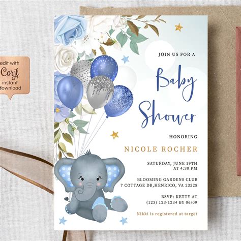 Elephant Boy Baby Shower Invitation Template, Blue Balloons Baby Showe ...