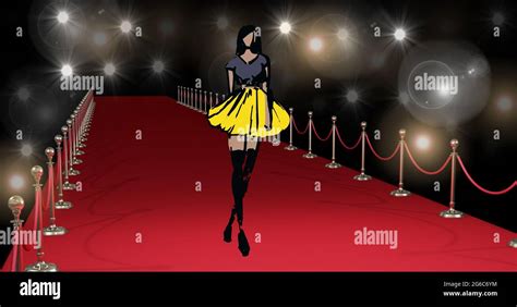 Composition of fashion drawing of model on red carpet at fashion show ...