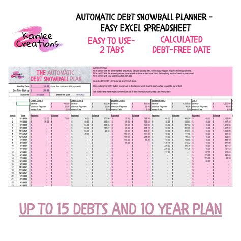 Automatic Debt Snowball Planner, Excel Spreadsheet Payoff Debt Tracker ...