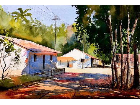 Village Life | Watercolor Painting by Abhijeet Bahadure | Exotic India Art