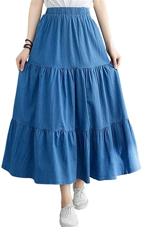 Femiserah Women's Elastic Waist Denim Tiered Skirt Long Prairie Skirts ...