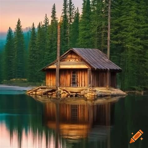 Scenic view of a cabin near a lake on Craiyon