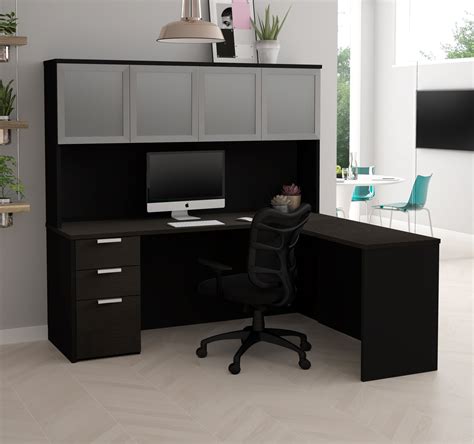 71" x 62" Deep Gray & Black L-Shaped Desk & Hutch by Bestar ...