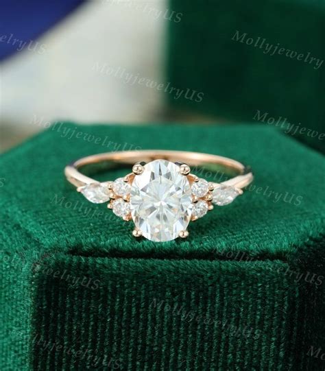 Oval Moissanite Engagement Ring Vintage Unique Cluster Rose Gold ...