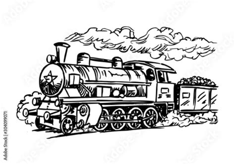 retro steam locomotive, historical train, black and white clipart Stock ...