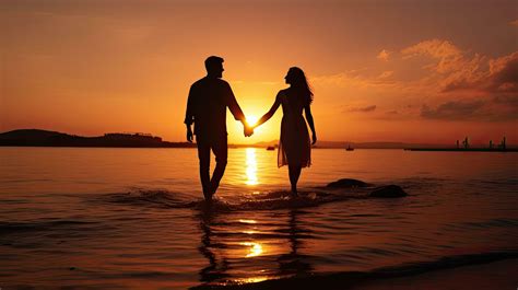 Romantic couple s silhouette holding hands at sunrise on the beach ...