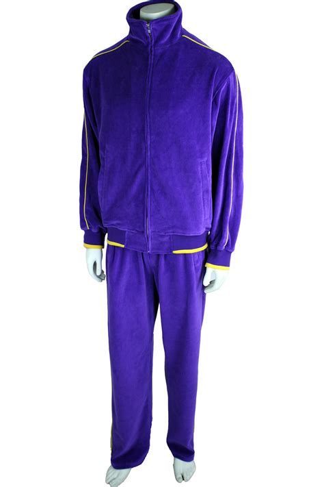 Mens Purple Velour Tracksuit with Yellow Piping | Sweatsedo