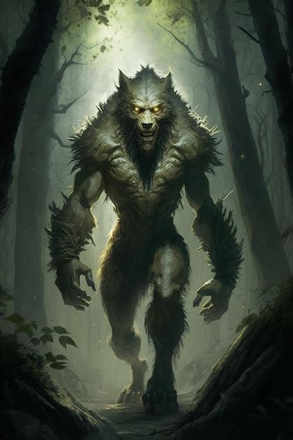 Premium AI Image | A werewolf in a forest with a light shining on it.