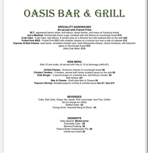 Menu - Oasis Bar & Grill